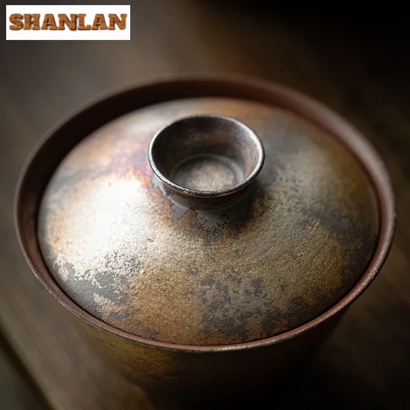 130ML Kiln Change Gilded Silver Foil Gaiwan Japanese Rough Pottery Tea Tureen Tea Making Cover Bowl Kung Fu Teaware Ornaments