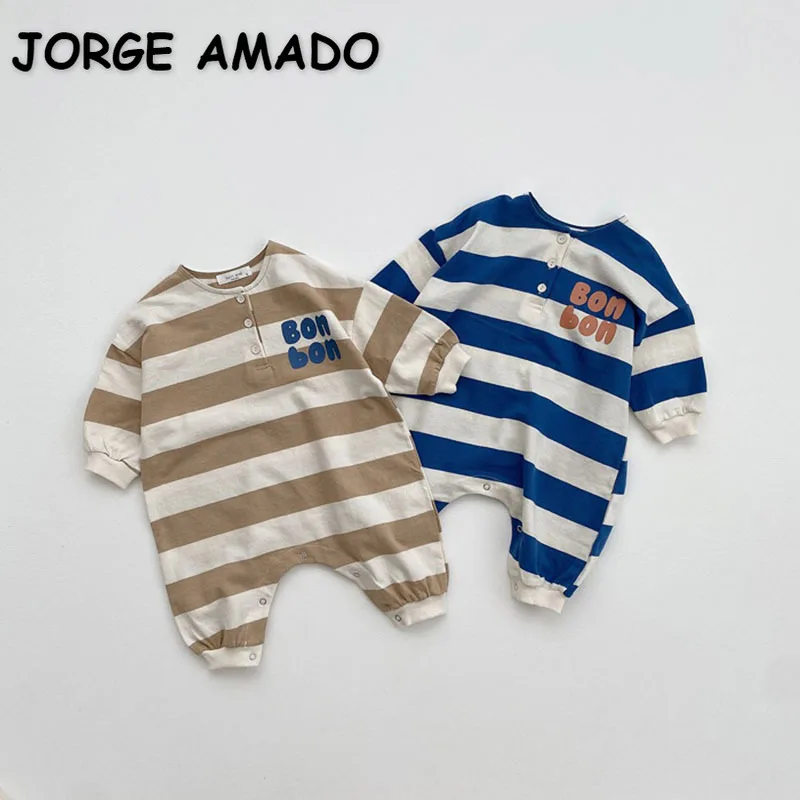 

Korean Style Spring Autumn Baby Girl Boy Rompers Letter Round Collar Blue Khaki Stripe Long Sleeve Jumpsuit Kids Clothes E61735