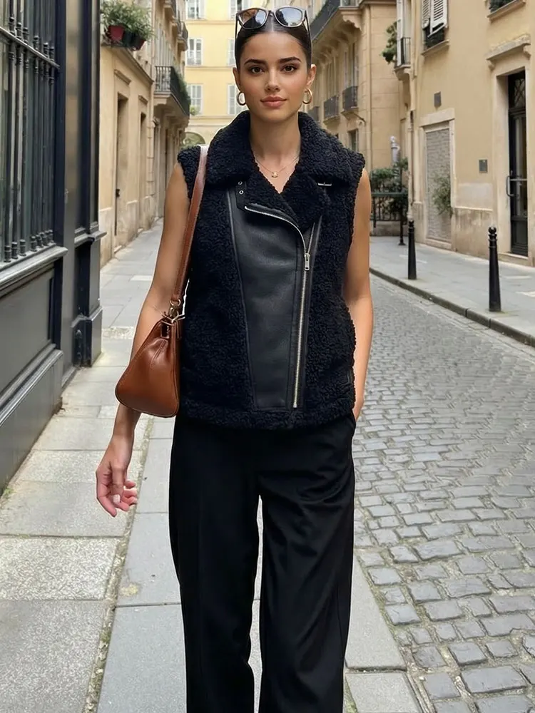HH Women Vintage Black Faux Fur Leather Waistcoat Elegant Faux Wool Fleece Sleeveless Zipper Vest Female Fashion Streetwear