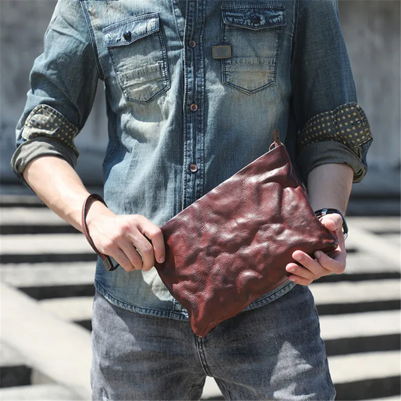 

Handmade simple genuine leather men clutch bag vintage pleated designer luxury natural real cowhide multifunctional phone wallet