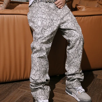 Mauroicardi 봄 가을 긴 멋진 세련된 뱀 피부 특허 PU 가죽 바지, 남성 바지 패션, 힙합 Y2K 스트리트웨어 2023