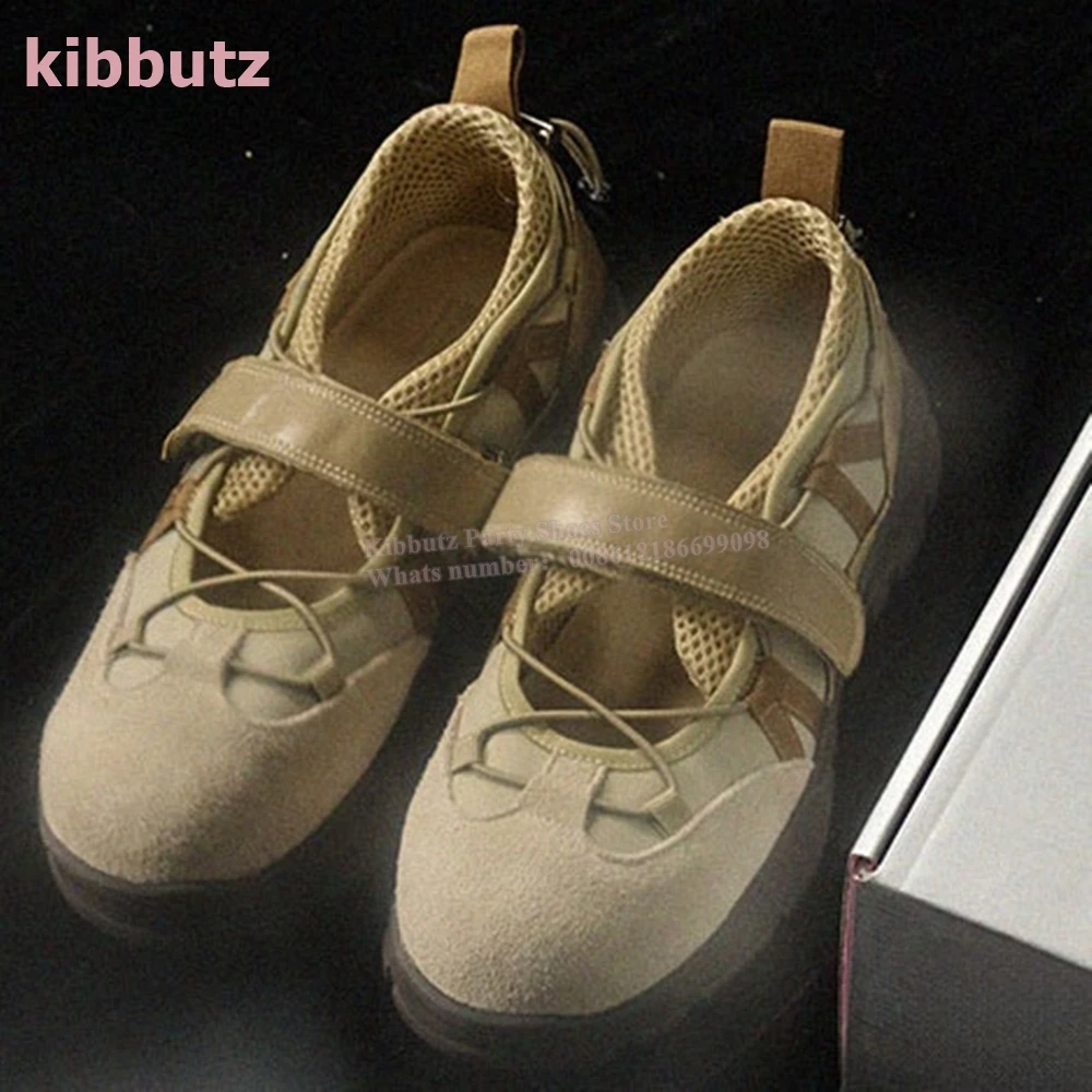 Functional Wind Ballet Sneakers Lace-Up Elasticized Band Hook & Loop Shoelace Round Toe Thick Bottom Mixed Color Fashion Concise