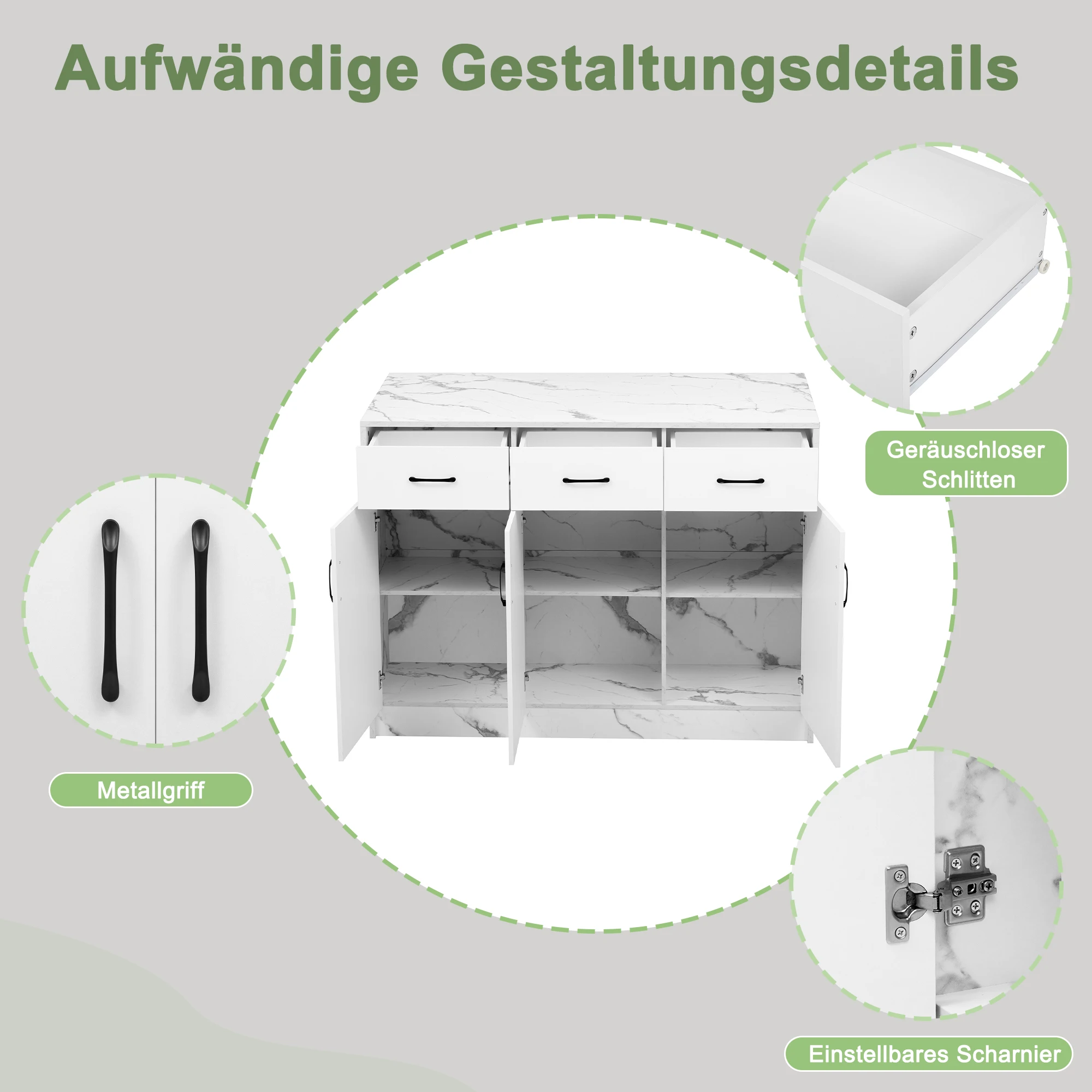Große Kücheninsel, 3 Schubladen und 3 Türen, Marmordesign, verstellbare Einbauböden, geräuschlose Schubladen, Friseurbereichsdesign – Detail 6
