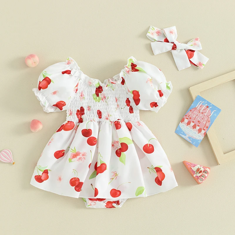 

Baby Girl Summer Clothes Puff Sleeve Ruched Smocked Romper Dress Tutu Tulle Skirt Bodysuit with Headband Set