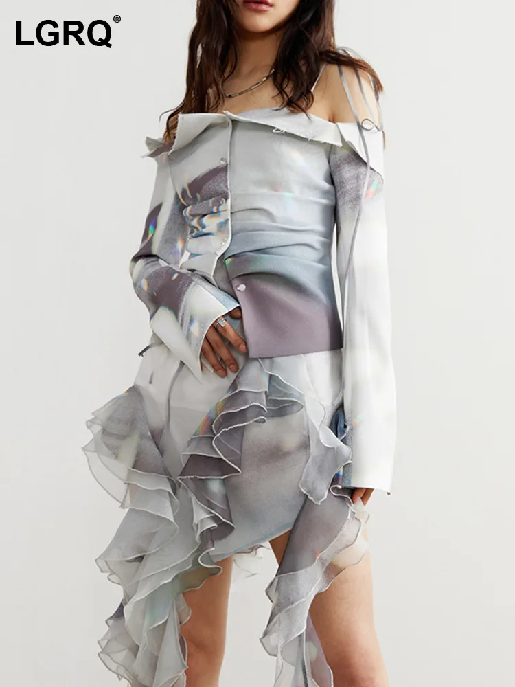 

LGRQ Fashion Women's Strap Printed Dress Slim Sleeveless Irregular Ruffles Mini Thin Dresses Summer 2024 New Tide 1DF6155
