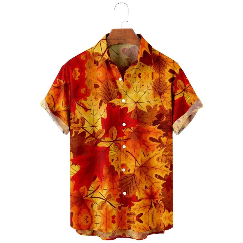 

2022 New Men's Casual Breathable Short Sleeved Top Can Be Customized with Fashionable Lapel Men's Shirt Autumn Leaves