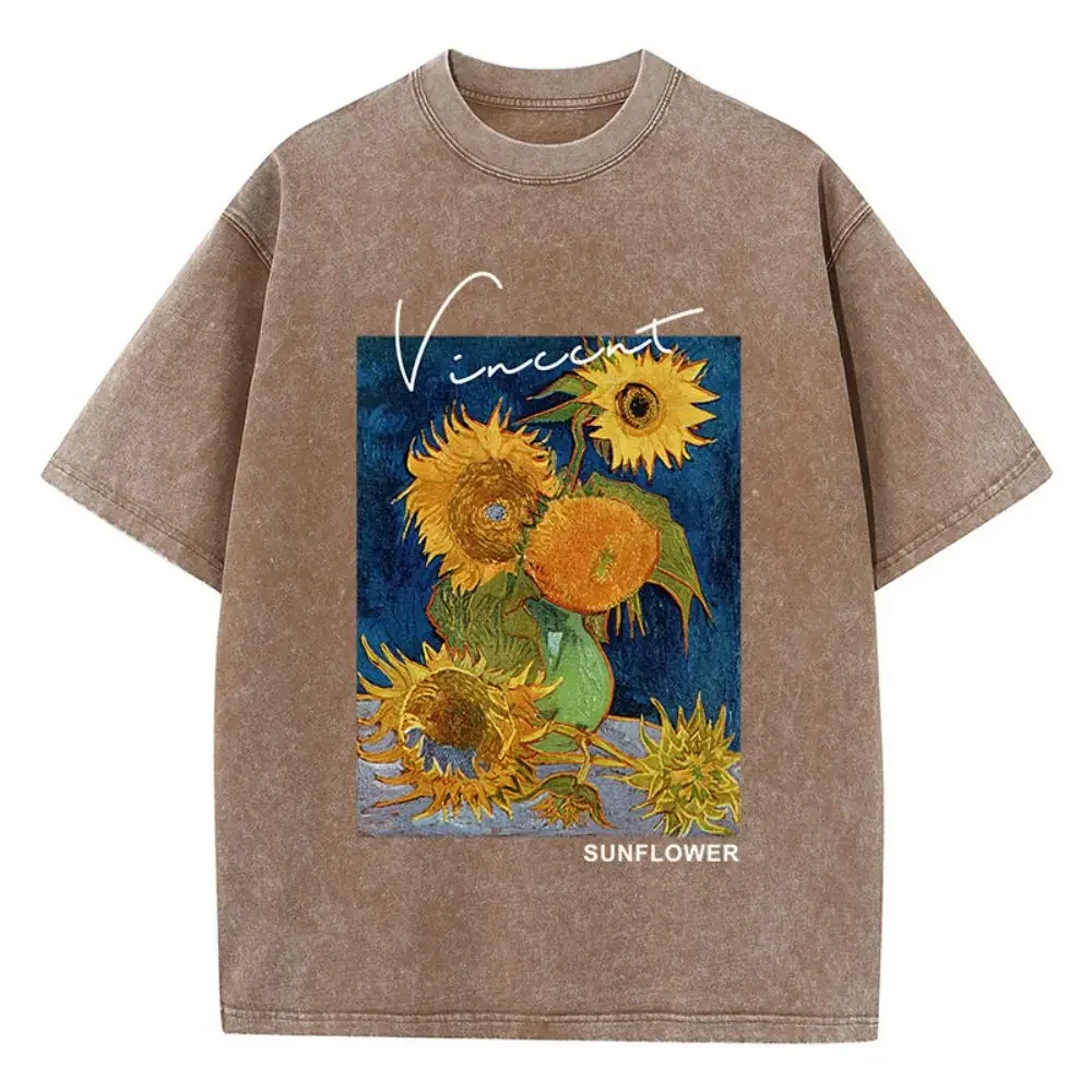 Lässige, gewaschene T-Shirts aus Baumwolle, Van-Gogh-Sonnenblumendruck, kurzärmelig, O-Ausschnitt, atmungsaktiv, weiche Oberteile, modische Kleidung – Detail 7