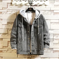 2024 New Men's Denim Jacket Cotton Loose Hooded jean Outwear Coat Solid Denim jacket Men Casual Couple Streetwear Plus Size 5XL