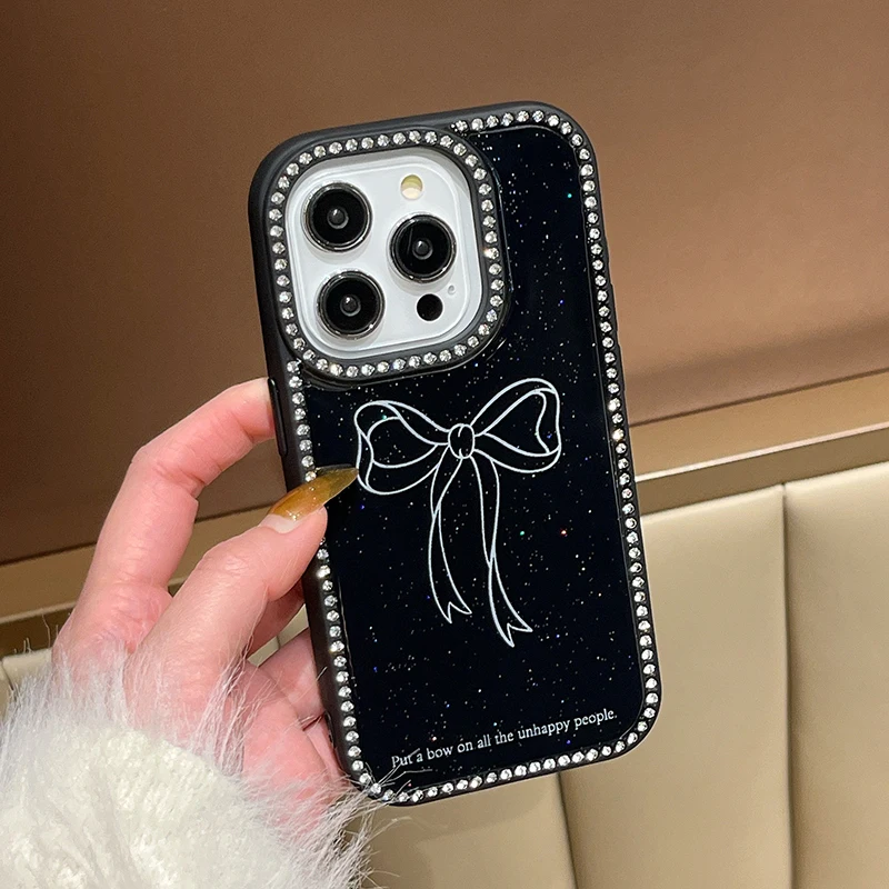 Ins Fashion Glitter Diamond Bling Bow Glossy Case For iPhone 16 15 13 14 Pro Max Shockproof TPU Phone Cover Shell