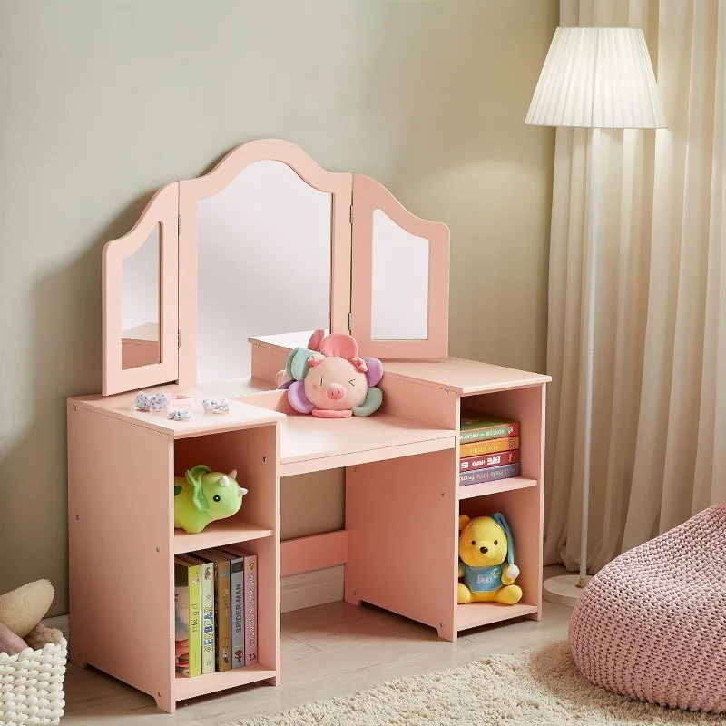 

Kids Vanity, 2 in 1 Princess Makeup Vanity Storage Cabinet with Detachable Top, Girls Vanity Set with Tri-fold Mirror