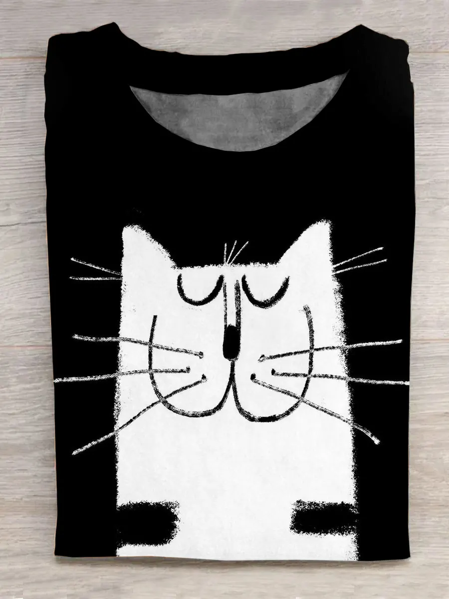 

Cat Abstract Print T-Shirt Spring and summer Korean style small fresh animal print men's and women's short-sleeved tops T-shirts