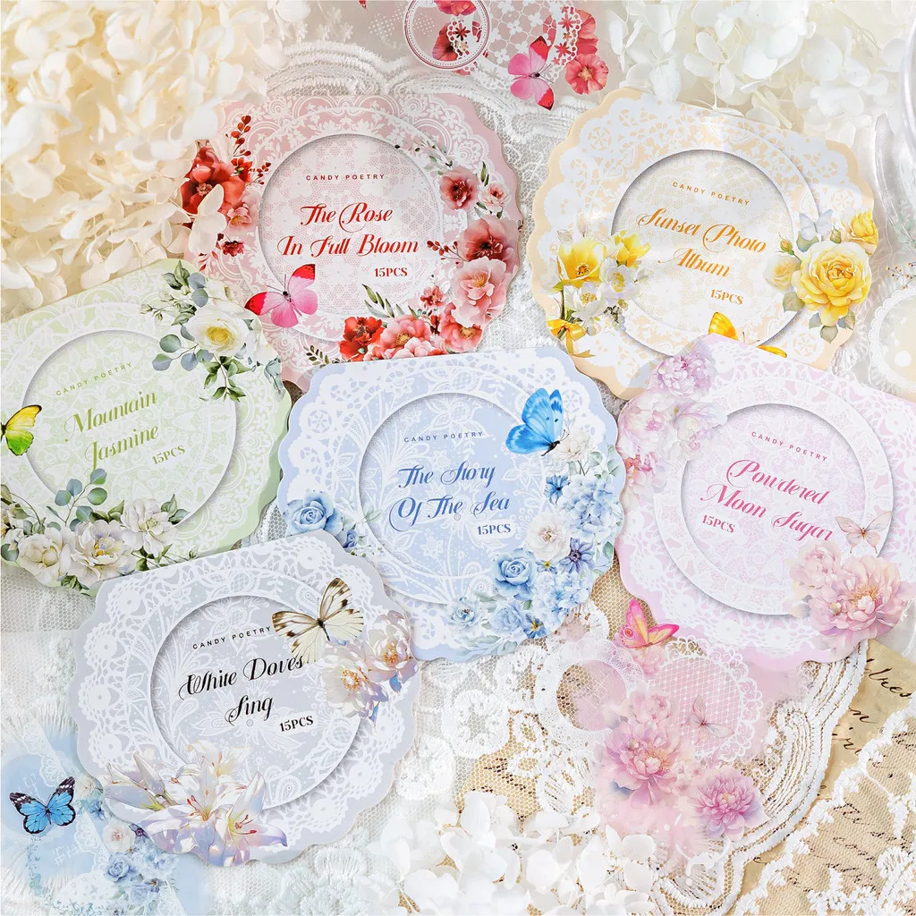 Flower Stickers Lace Border Sticker PET Decorative Stickers Diary Scrapbooking Material Deco Album Stationery Sticker 15pcs Stickers Scrapbooking Supplies