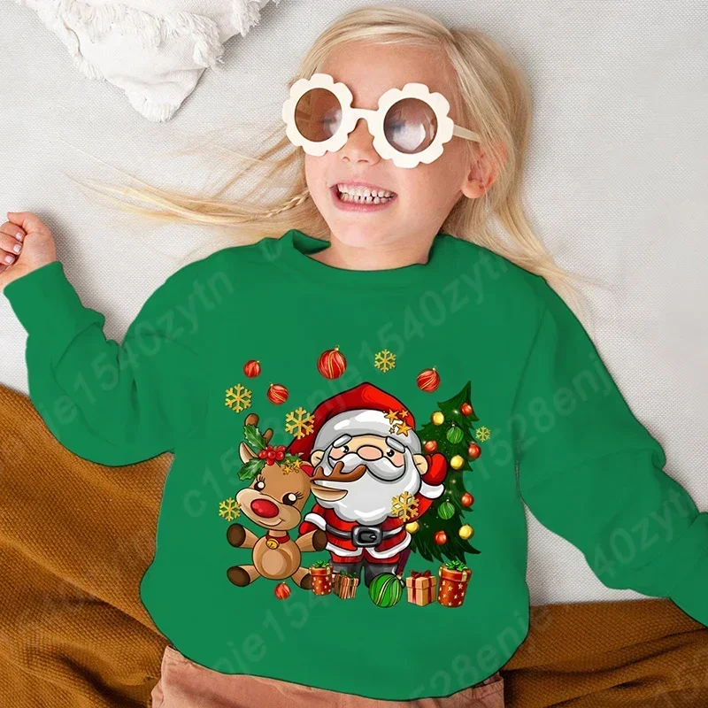 Cute Cartoon Santa Claus & Reindeer & Christmas Tree Graphic Print Sweatshirt, Girls Comfy Clothes For Christmas As Gifts 3