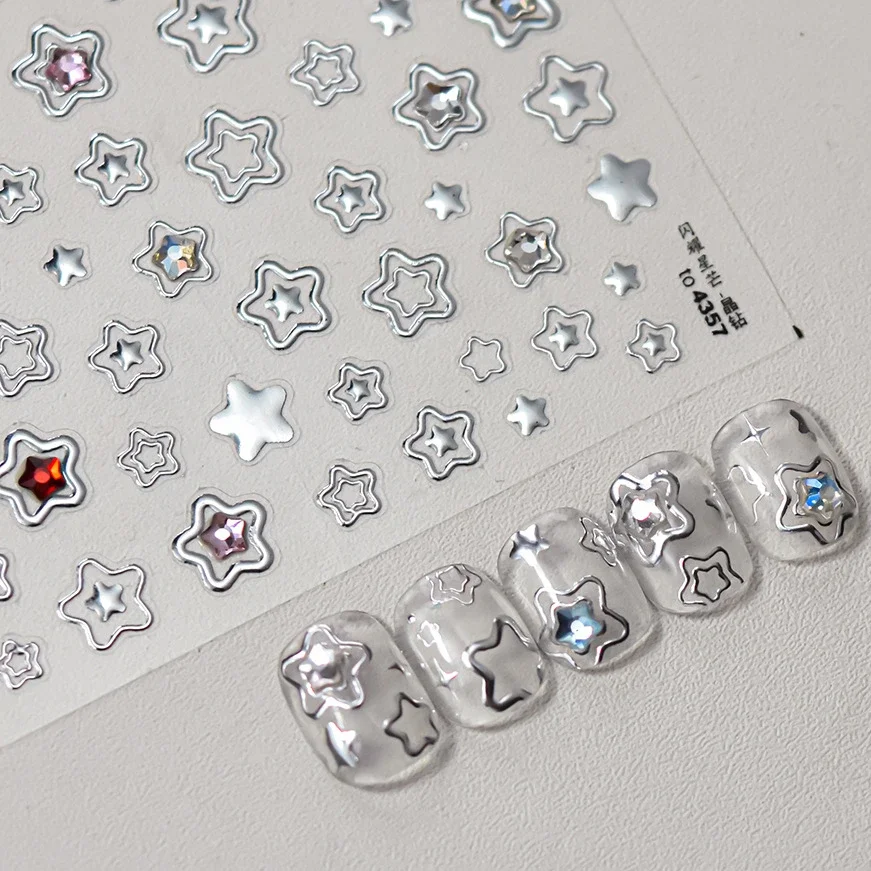 Colored Crystal Star Love Heart Shiny Silver Hollowed Smudging Rainbow Flower Jelly Embossed Nail Art Stickers Manicure Decals 5