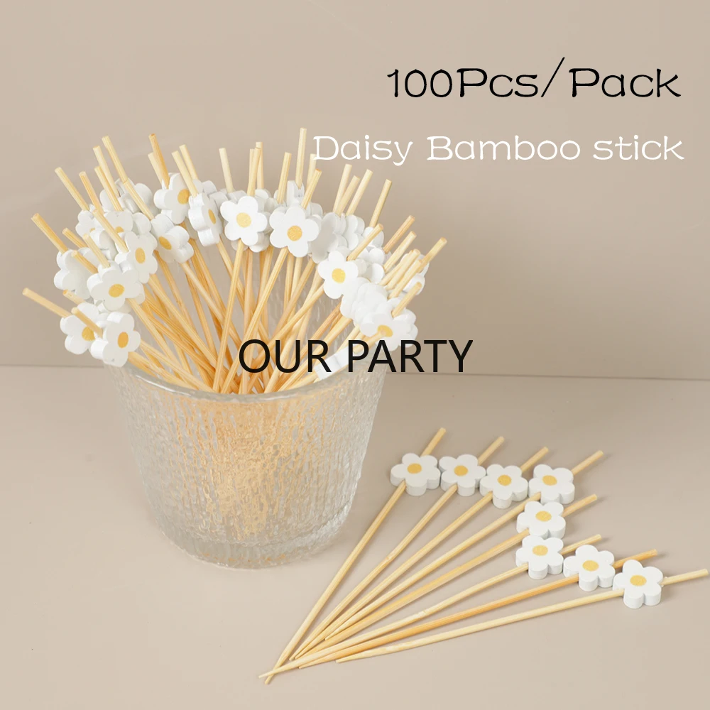 Disposable Food Picks 100Pc Sweet Daisy Flower Disposable Bamboo Food Picks Dessert Fruit Forks for Kids Birthday Wedding Baby Shower Party Decoration