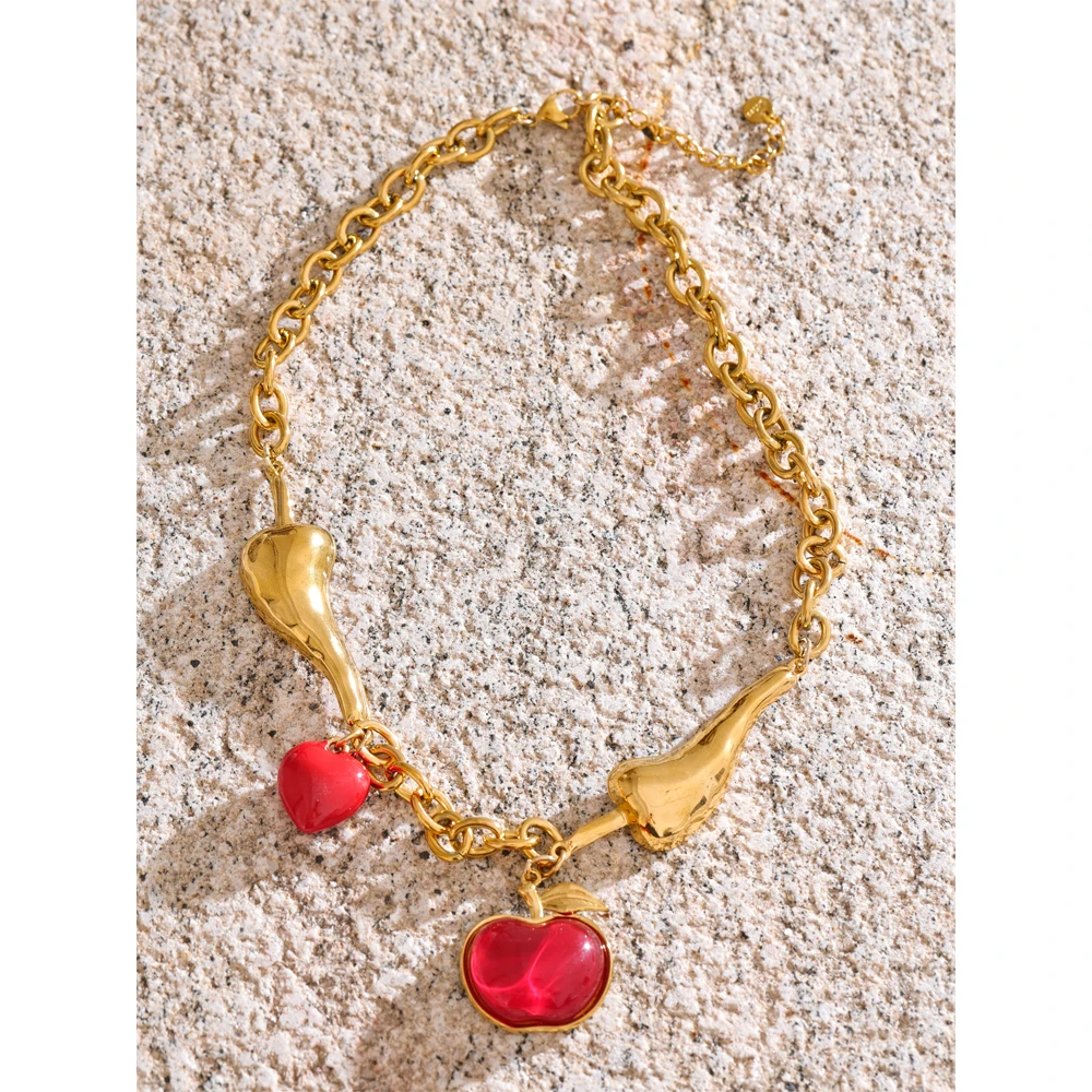 Yhpup Necklace Chain Red Enamel Golden Stainless Steel