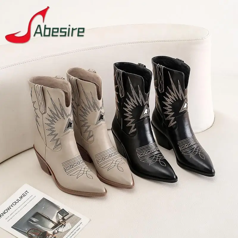 

Western Cowboy Boots for Women Vintage Embroidery Thick Heel Mid Sleeve Knight Boots Autumn Winter New Female Shoes Large Size