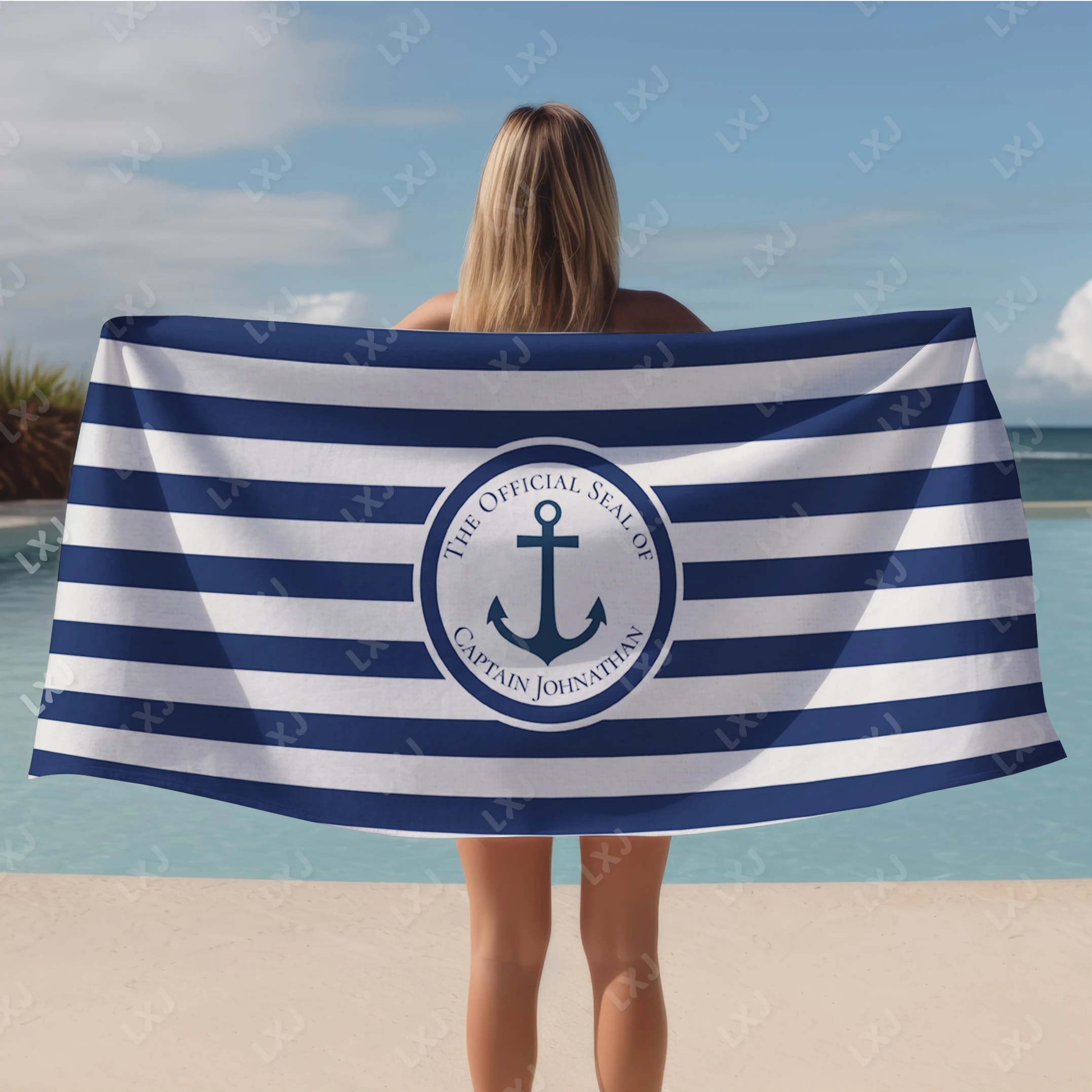 Personalized Boat Name Nautical Striped Bath Towel for Adults for Travel and Pool