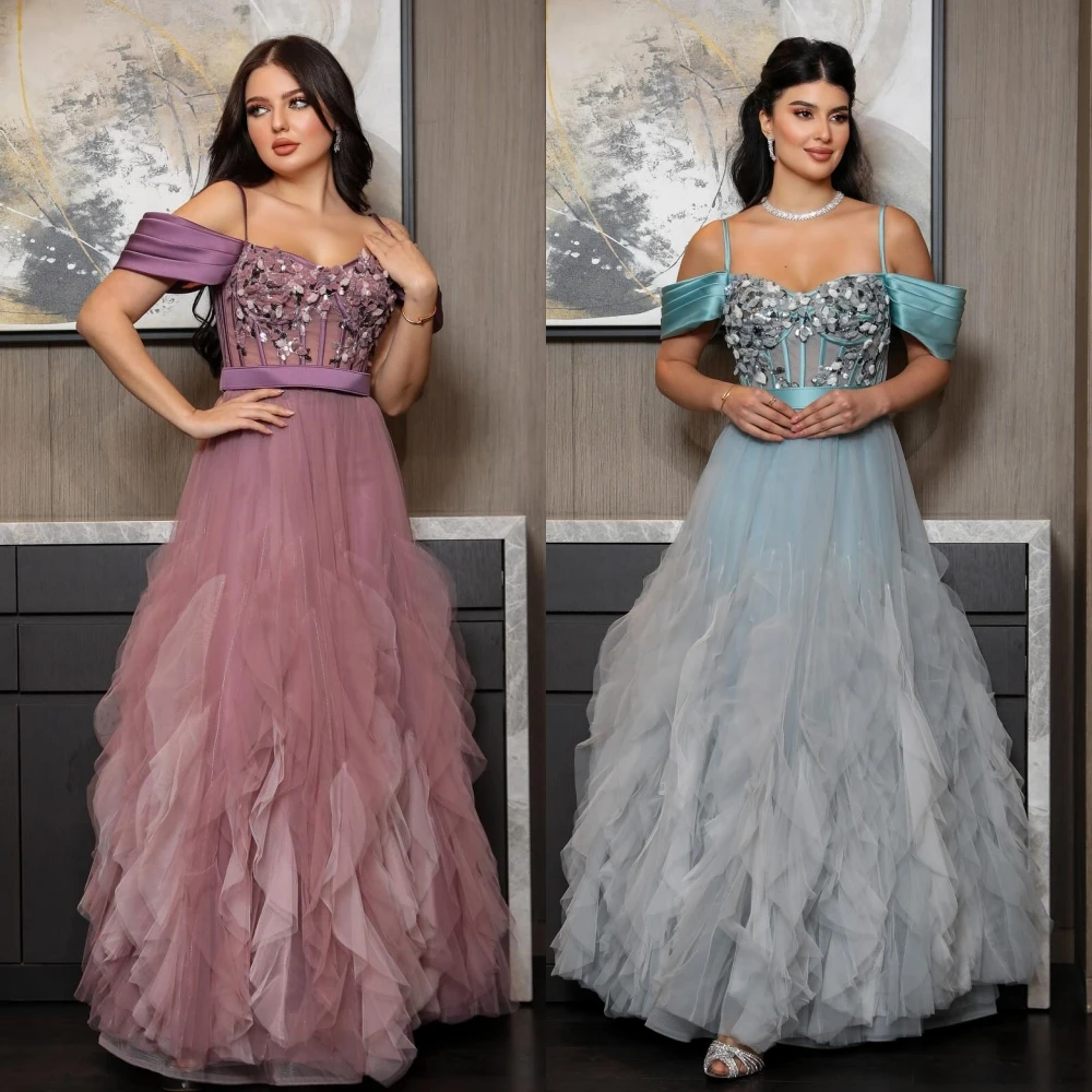 Prom Dress Saudi Arabia Tulle Beading Draped Engagement A-line Off-the-shoulder Bespoke Occasion Gown Long Dresses