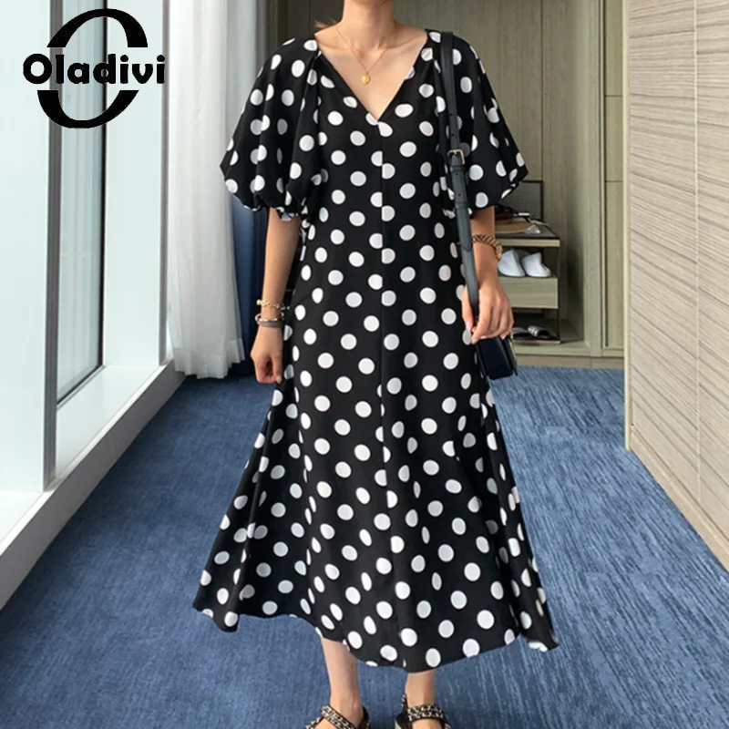 

Oladivi Fashion Polk Dot Printed Short Sleeve Oversized Dress Women Summer Casual Loose Midi Dresses Long Tunic Robe XL-5XL 956