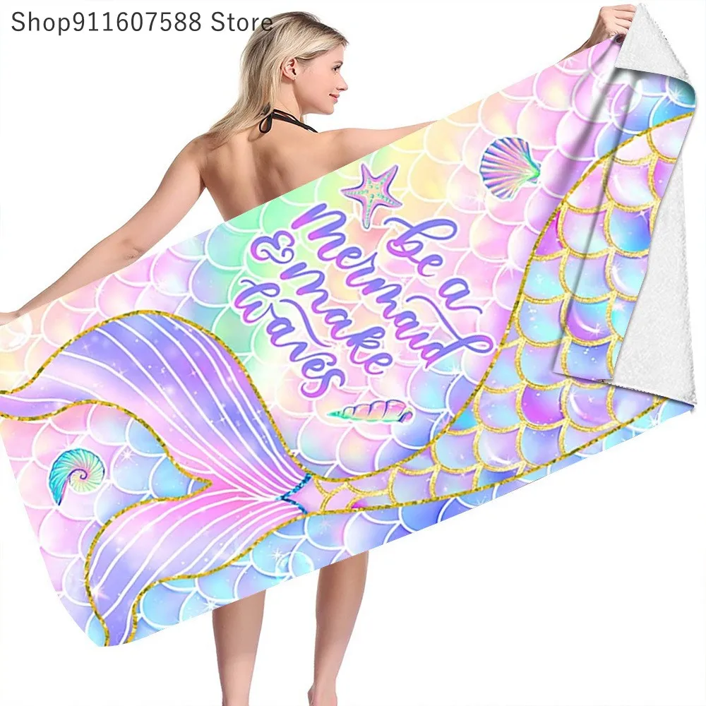 Fashion Pink Mermaid Beach Towel Adult Swimming Printing Sunscreen Seaside Colorful Fish Scales Towel Household Bath Towel
