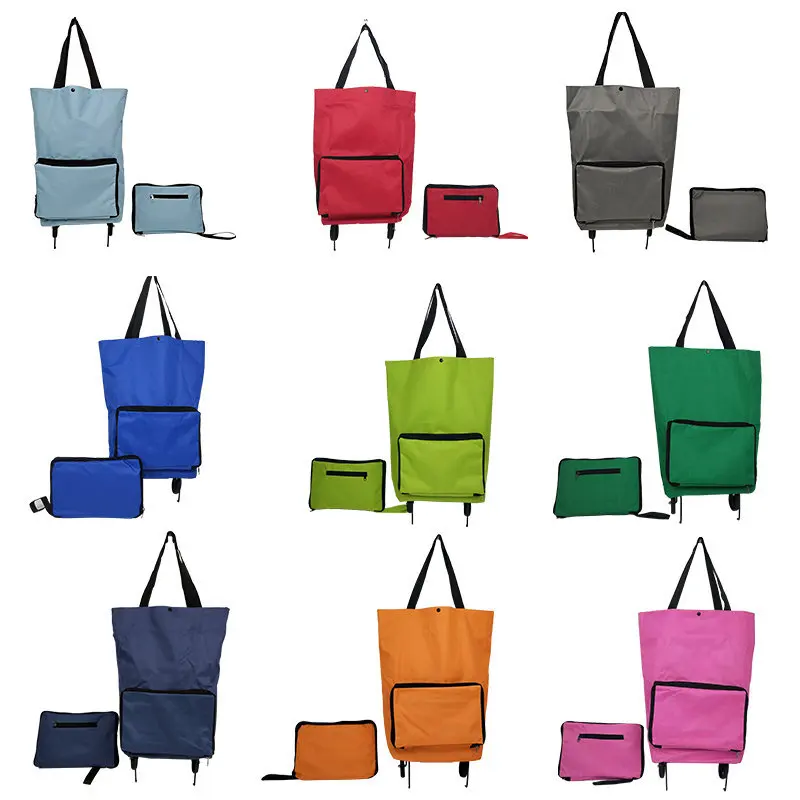 Japanese Style Oxford Cloth Foldable Wheeled Shopping Trolley, Portable Rolling Luggage Storage Bag