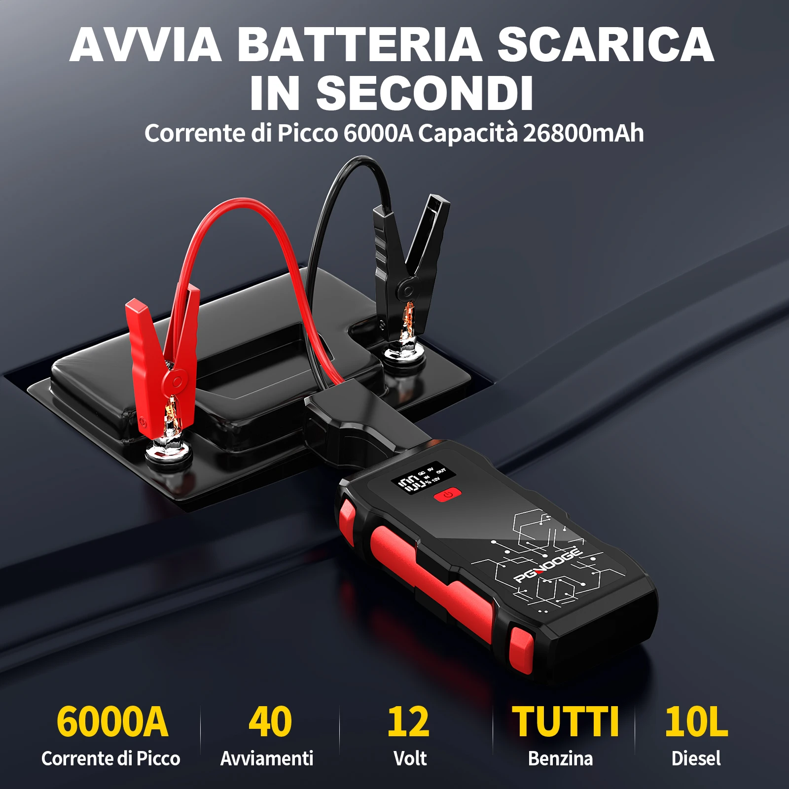 PGNOOGE 6000A di Picco Avviatore Batteria Auto, 26800mAh Avviatore ad Alta Capacità per Tutti i Motori a Benzina e Diesel Fino a 10L, Kit di Emergenza Portatile per Viaggi Stradali - immagine 2