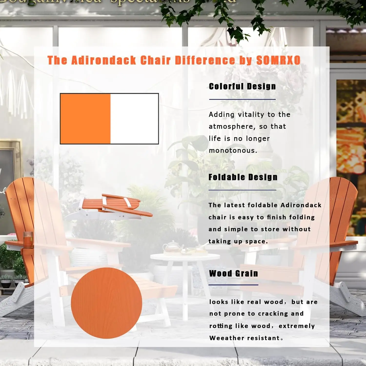 Foldable Adirondack Chair. Weather Resistant. Fire Pit Chair. Durable Plastic. White & Orange. For Patio, Garden.