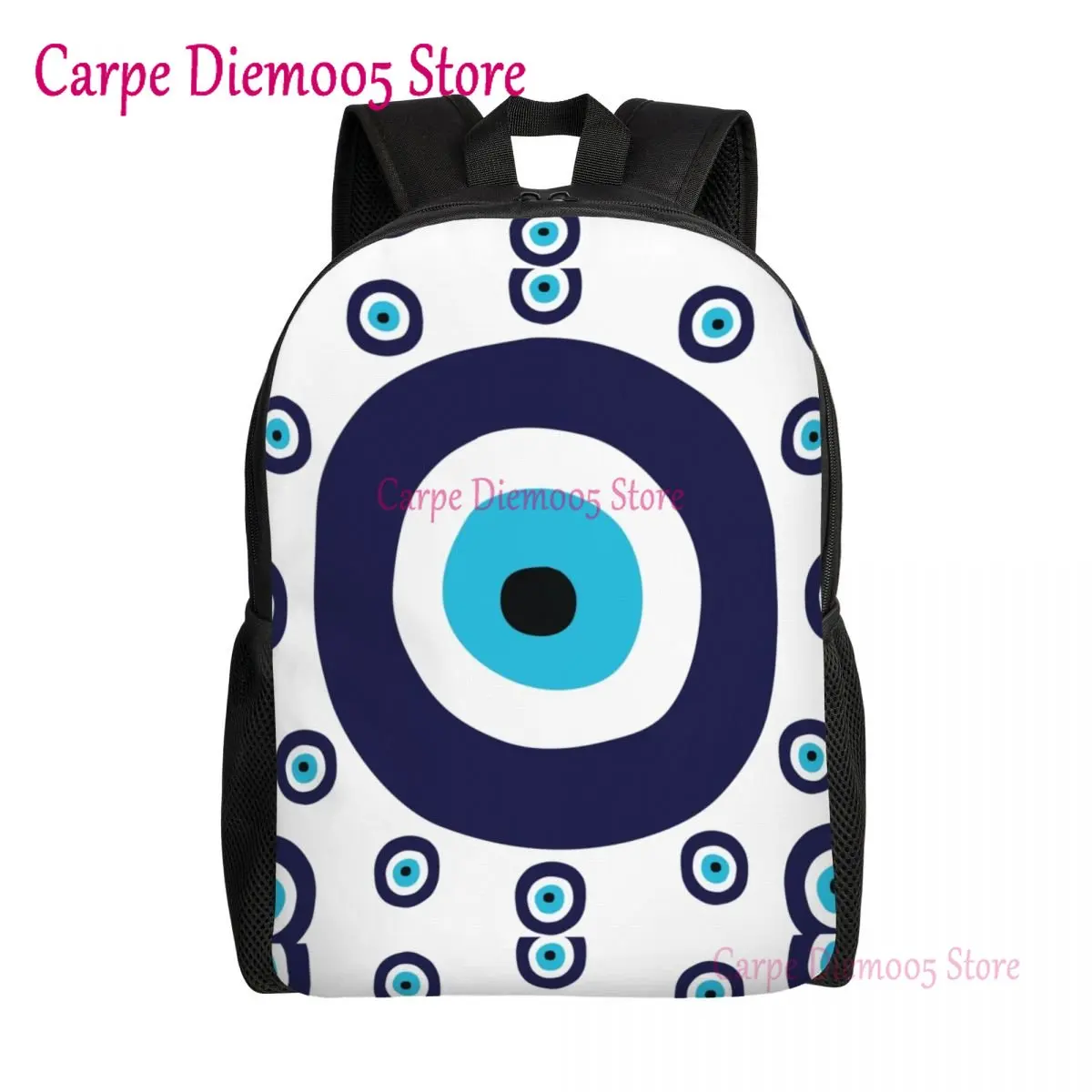 

Navy Blue And Aqua Nazar Evil Eye Lucky Charm Pattern Backpack Women Men Fashion Bookbag for College School Amulet Boho Bags