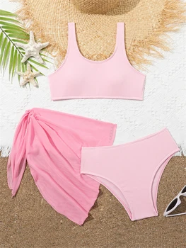 Kids Swimsuit Girls Bikini 2025 New Solid Ribbed Sling Bikinis Set Children Swimwear Summer Three Piece Beachwear Bathing Suits