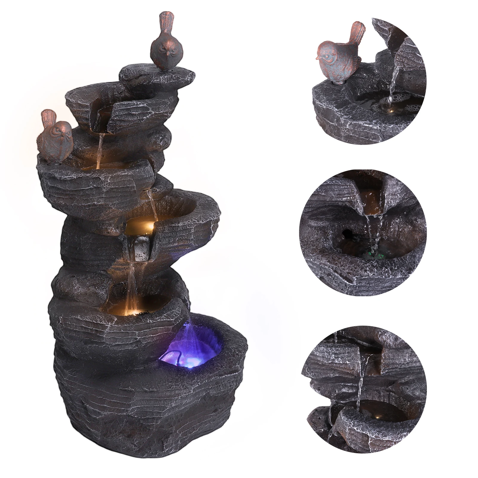 27 Inch 5-Tier Cascading Rock Water Fountain with LED Lights Resin Stone Imitation Waterfall Home Art Decor