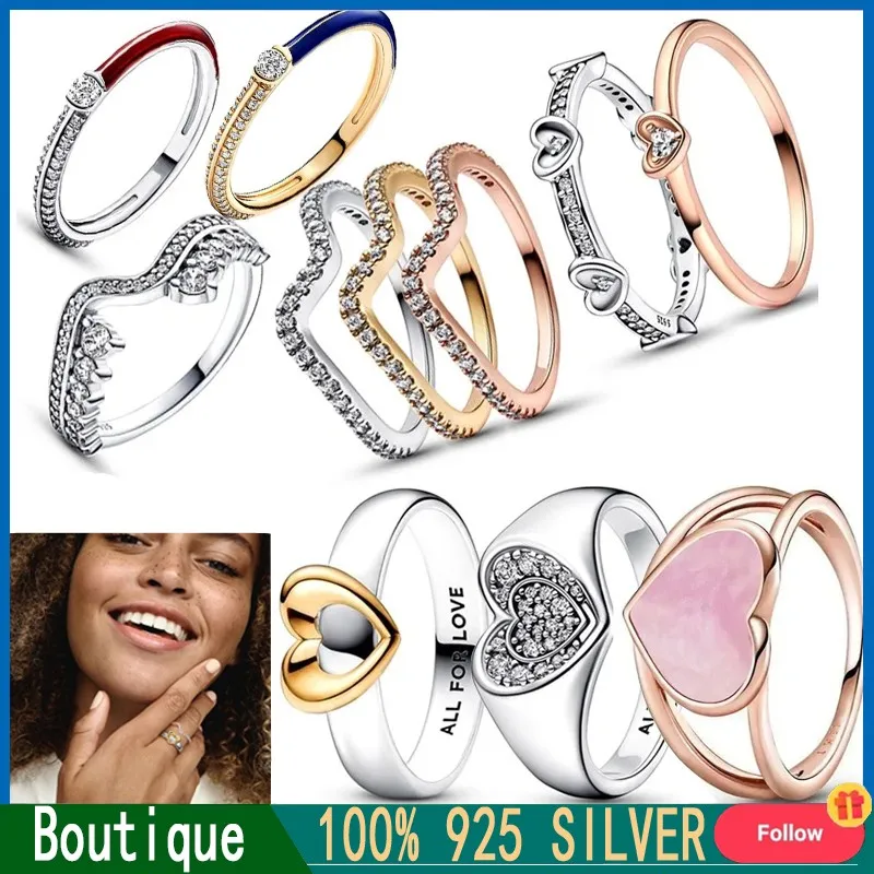 New Women's Classic Ring% 925 Silver Original Logo Two tone Sliding Heart Shining Wave Sign Ring Fashion DIY Charm Jewelry Gift original logo new women s exquisite shiny blue pear flower me cone nail sign ring 925 sterling silver diy charm jewelry gift