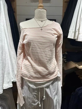 New Pink Striped Long Sleeve T-shirt Woman Spring Raw Hem Slash Neck Slim Tee Tops Casual Sweet Preppy Style Cotton Tshirt Y2k 1