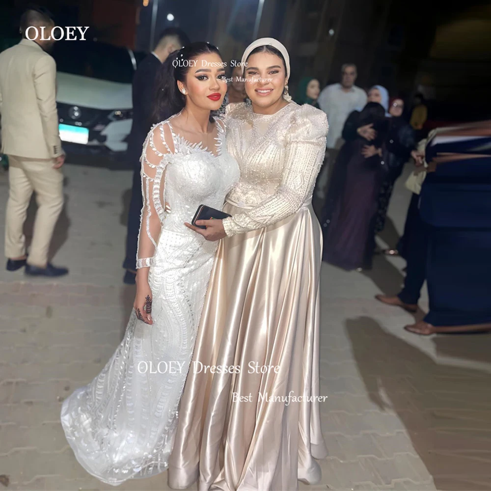 

OLOEY Dubai Arabic Women Lace Mermaid Wedding Dresses Long Sleeves O-Neck Elegant Bridal Gowns Vestido de noiva Custom Made