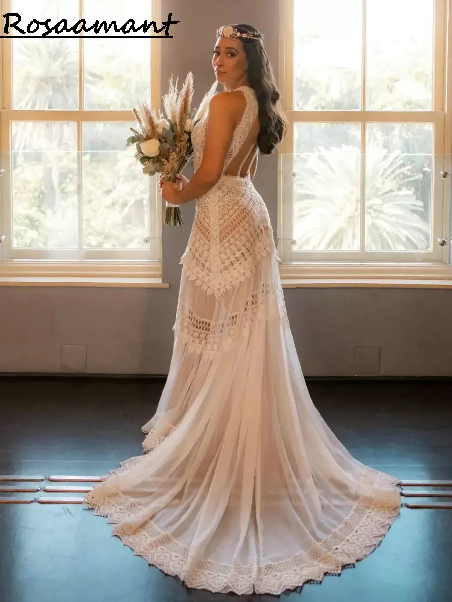 Open Back Mermaid Sexy Side Lace Appliques Halter Slit Wedding Dress main image 1