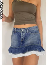 

Rockmore Y2K Lace Patchwork Jean Skirts Women'S Low Waist Mini Skirt Streetwear Vintage Aesthetic Denim Skirt Korean Harajuku
