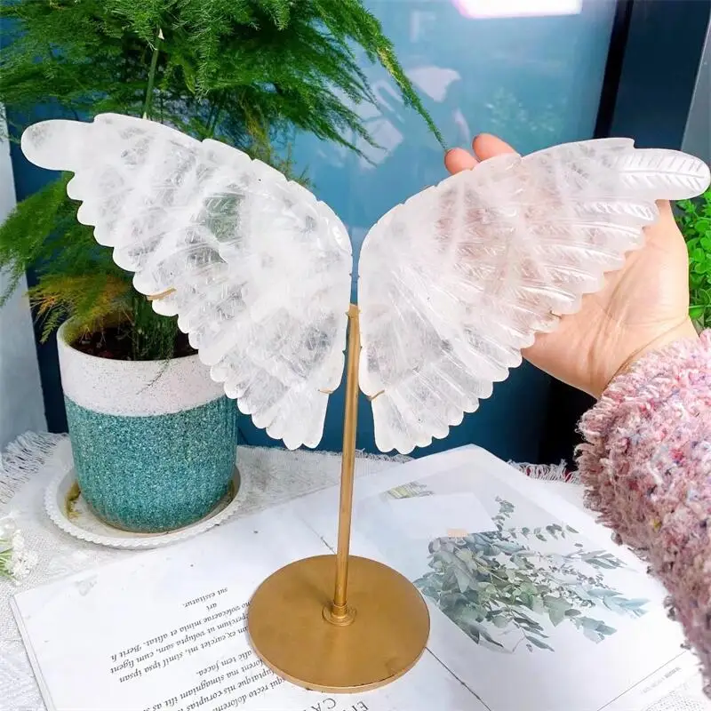 

Natural Clear Quartz Hand Carved Butterfly Wings Figurine Sculpture With Showing Stand For Craft Decoration Gift 1pair