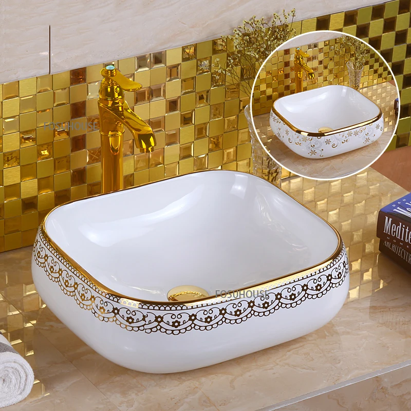 Modern Golden Flower Bathroom Sinks Square Platform Basin Household Bathroom Washbasins Ceramic