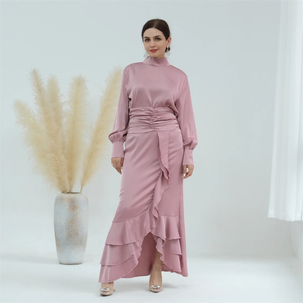 

2 Piece Eid Party Satin Women Muslim Ruffles Top Long Maxi Skirt Set Turkey Arabic Kaftan Dubai Ramadan Gowns Vestidos Dresses