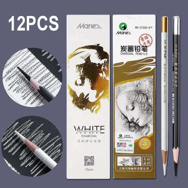 12pcs Charcoal Pencils Set White Black Soft Drawing Sketch Pencil for Drawing Sketching Chalk Pencils Beginners & Artists