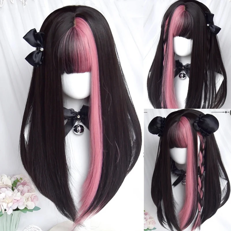 

Sanrio Animation Peripheral Black Beautiful Long Straight Wig Bangs Cos Lolita Harajuku Wig Halloween Costume Hair Accessories