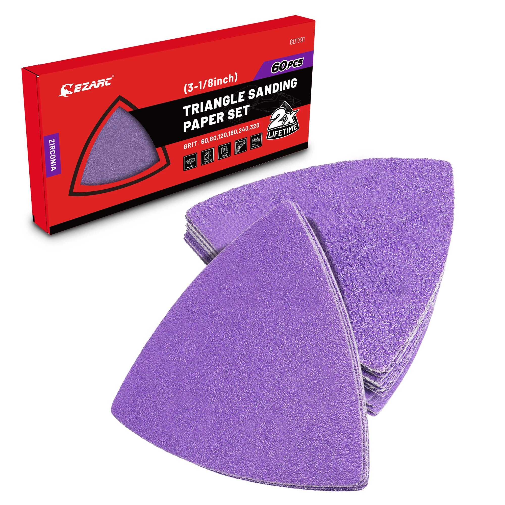 

EZARC 60PCS Triangle Sanding Paper, 3-1/8 Inch Triangular Sandpaper Hook and Loop Fit for Oscillating Multi Tool, Grinding Paper