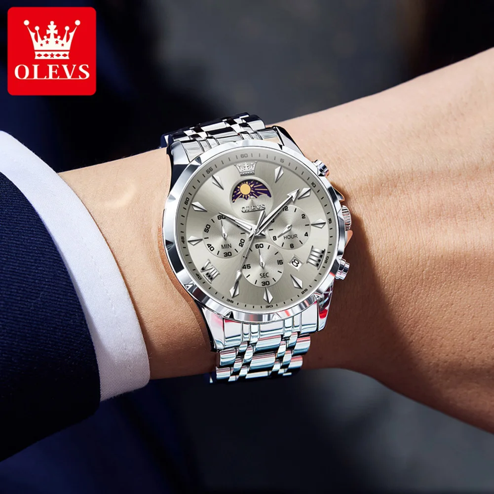 OLEVS 3653 Quartz Men's Watch 30M Waterproof Original Chronograph Watch For Men Top Brand Moon Phase Date Luminous Wristwatch