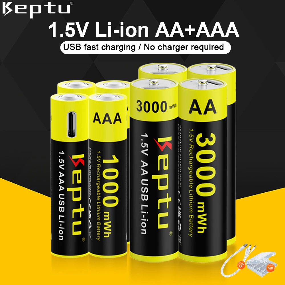 

1.5V AA+AAA lithium Rechargeable USB battery 1.5V AA 3000mWh / AAA 1000mWh Li-ion batteries for toys remote control + Cable