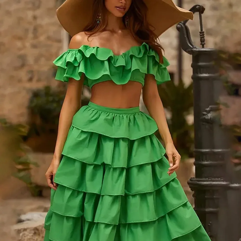 2023 New Solid Color Swimwear Ruffled Two-piece Swimsuit Women's High Waist Bikini Suit Skirt Bikinis and Beach Skirt Beachwear