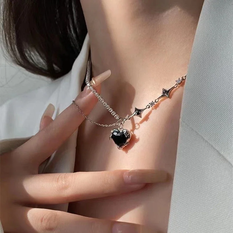 Y2K Purple Crystal Heart Pendant Necklace Women Sweet Cool