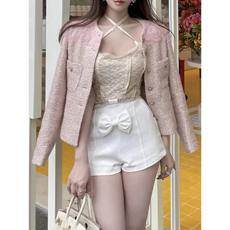 

Sandro Rivers New Autumn Winter Small Fragrant Style 3D Rose Tweed Short Coat Women O-Neck Long Sleeve Woolen Top Female Fashion