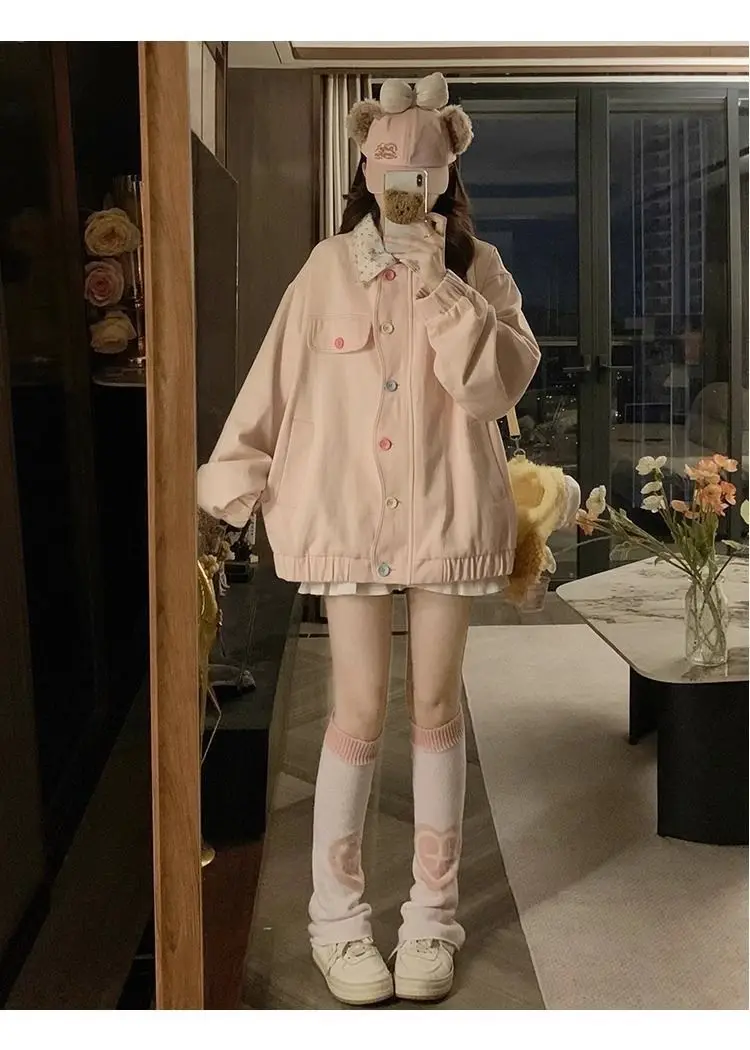 New College Style Dopamine Style Floral Lapel Jacket Women's Spring and Autumn New Design Loose Coat Top