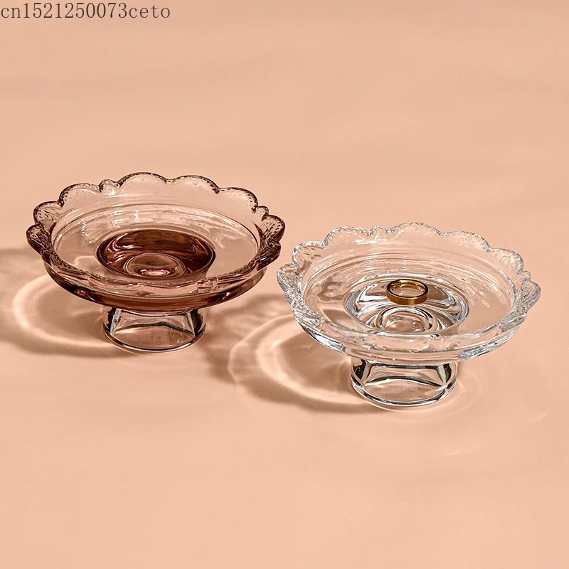 Japanese style high footed glass lace plate, small cake dessert plate, jewelry ring storage tray, aromatherapy candle tray 2