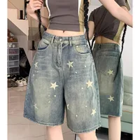 Casual Floral Print Loose Wide Leg Womens Jeans New American Retro Star Design Straight Leg Comfort Stretch Soft Denim Shorts